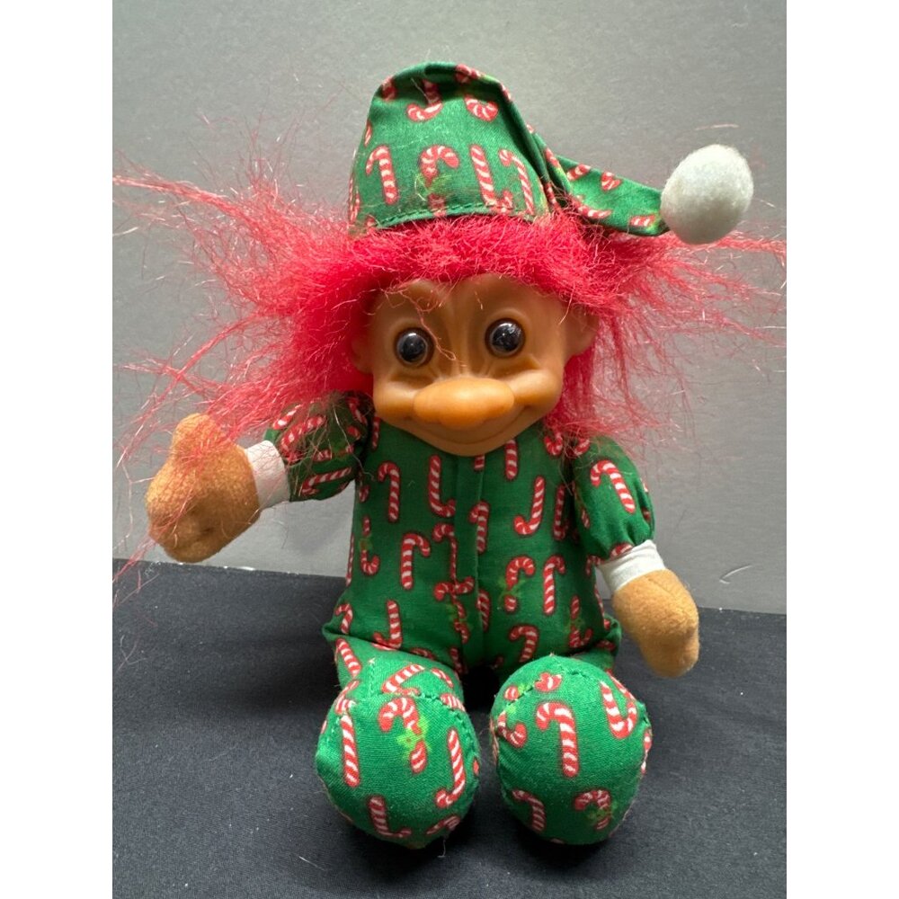 Vintage Russ Christmas Troll Doll With Red Hair & Candy Cane Pajamas